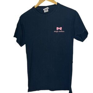 Simply Southern Women's S Short Sleeve Graphic‎ Tee Navy Pink Floral Logo Preppy